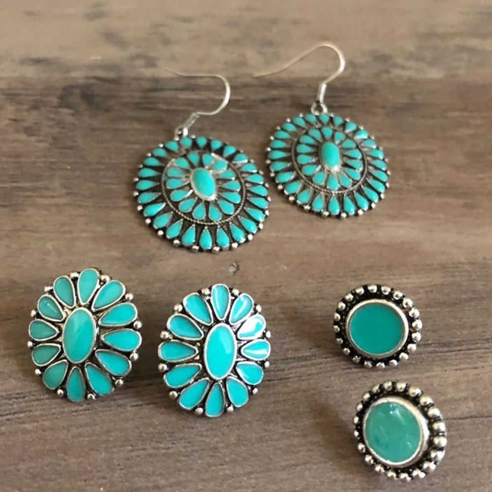 Faux Turquoise Earring Set 3 Pairs Squash Blossom - Picture 2 of 8